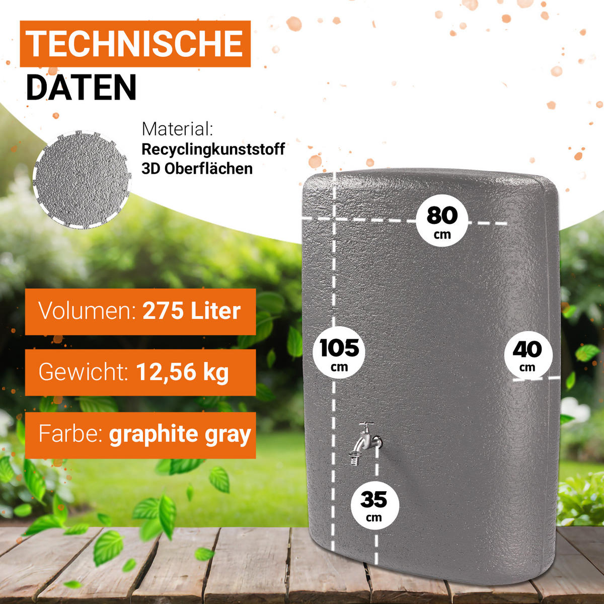WANDTANK Komplett-Set 275 L graphite grey inkl. Chrom-Auslaufhahn und Fallrohranschluss - Grau, Kunststoff (40/105/80cm) - GARANTIA