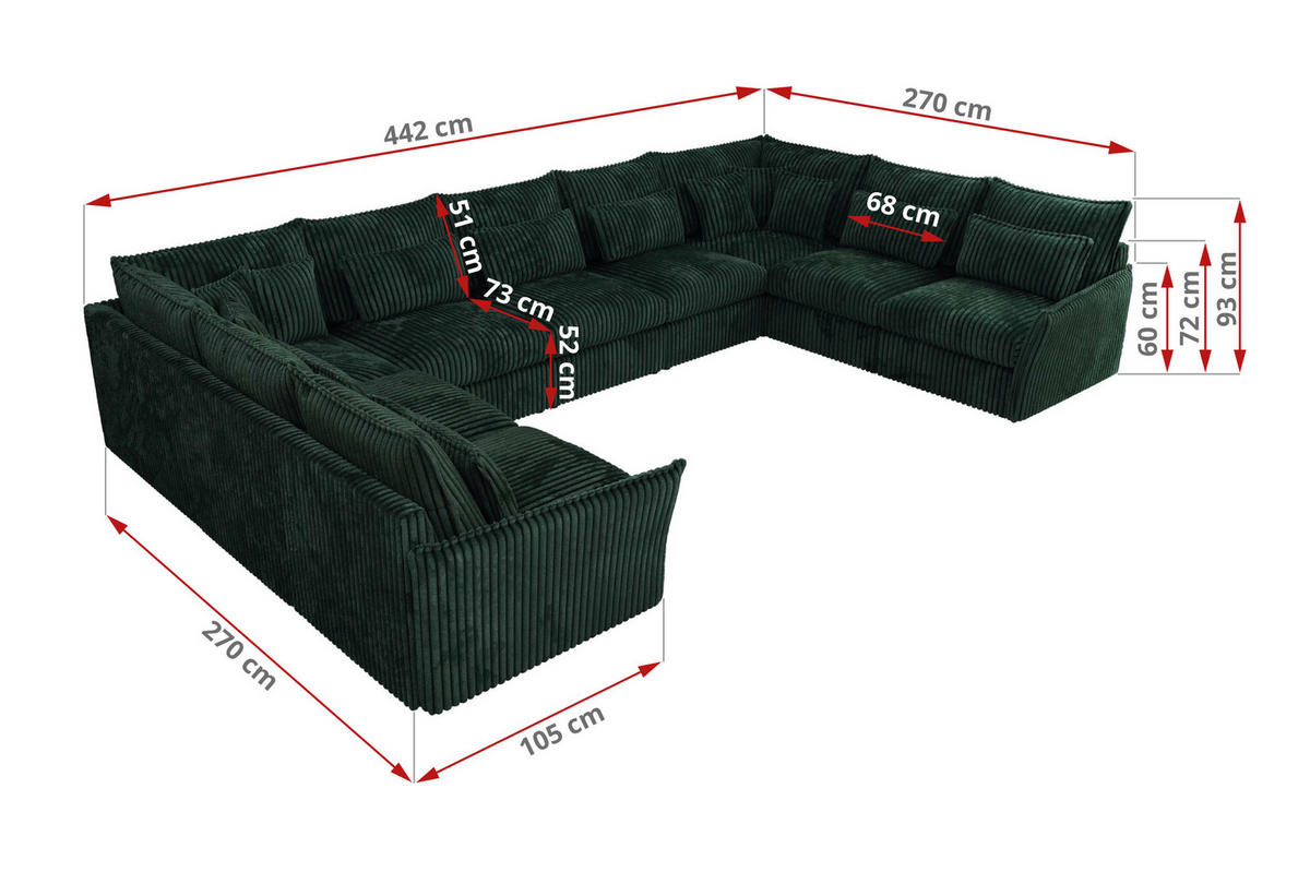WOHNLANDSCHAFT VERSO U 9M Grün Cord - Schwarz/Grün, Kunststoff/Textil (442/93/270cm) - MKS