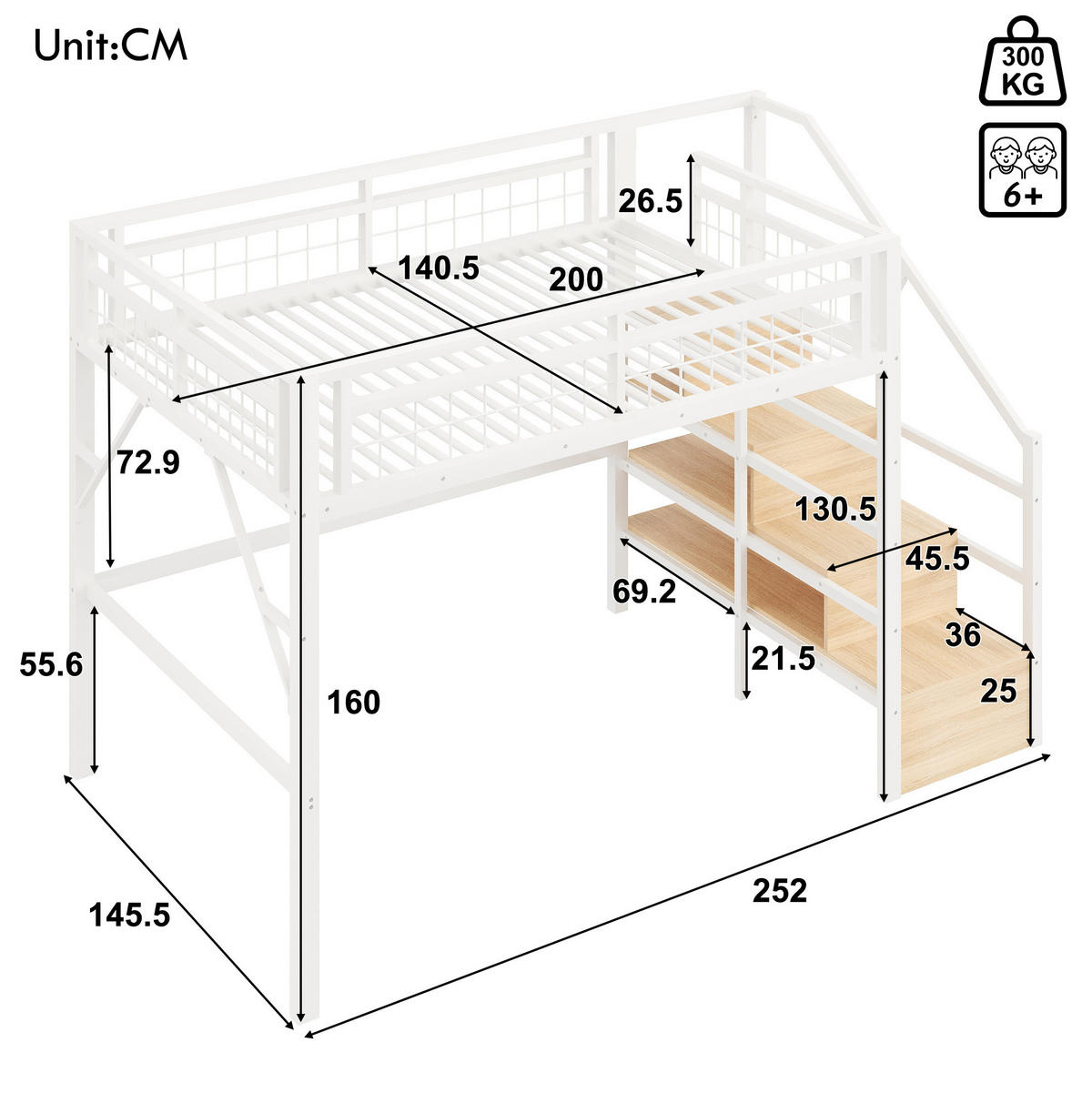 HOCHBETT 140/200 cm in Weiß mit LED-Beleuchtung und Stauraumtreppe - Weiß, Metall (140/200cm) - Flora Grace