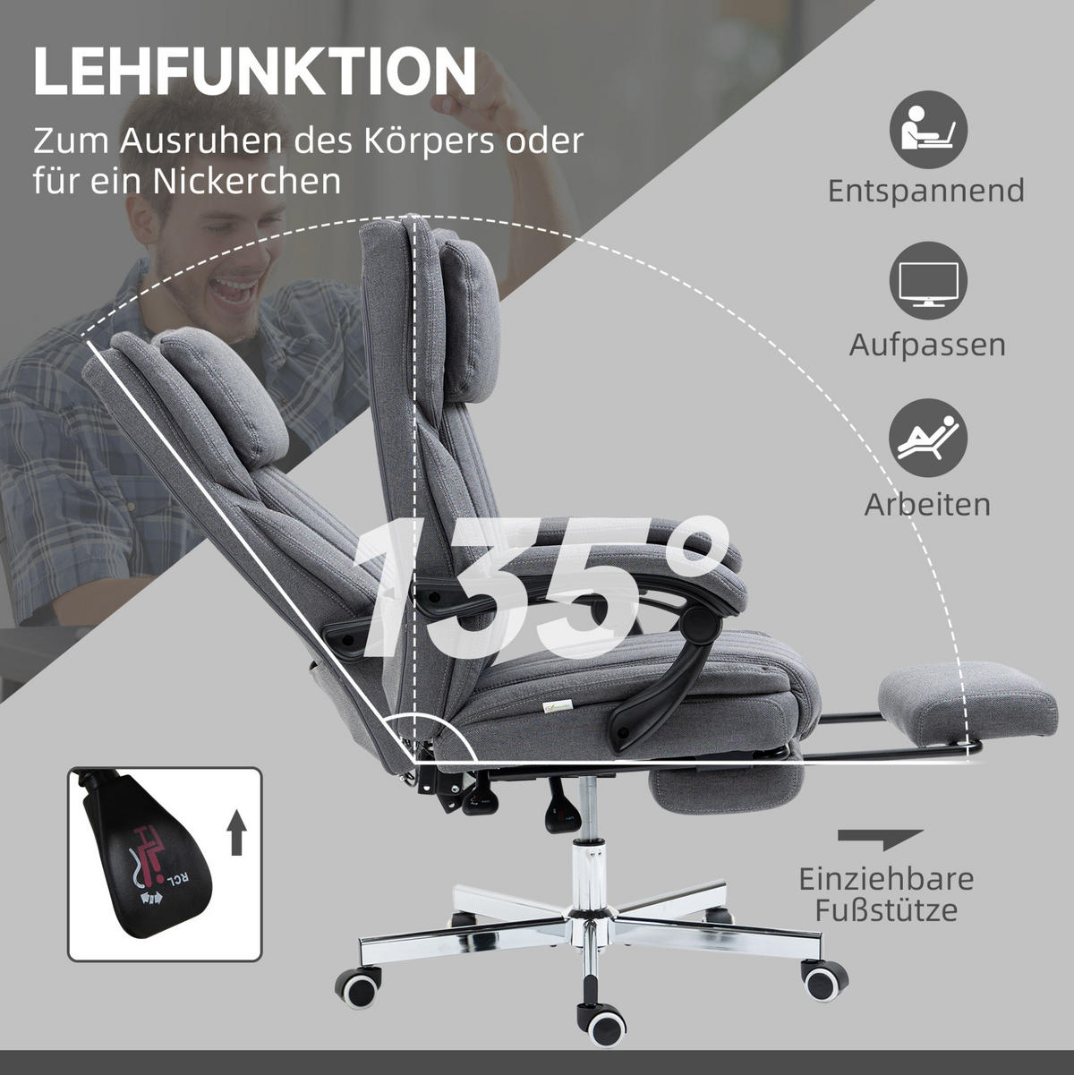 DREHSTUHL 65/61/105-113 cm grau aus Polyester mit Massagefunktion - Grau, Kunststoff (61/113/65cm) - OKWISH