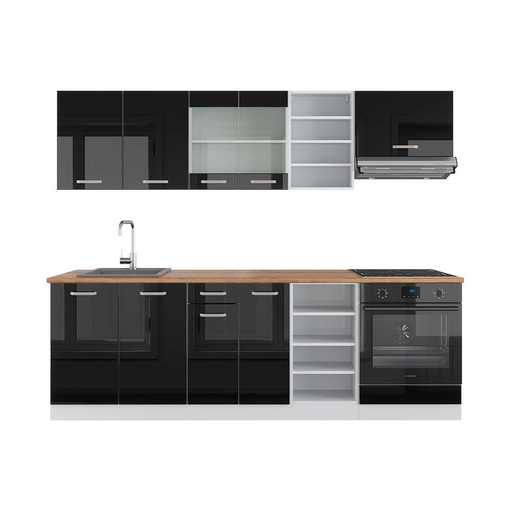 KÜCHENZEILE R-Line Schwarz Hochglanz/Weiß 240 cm, AP Eiche - Schwarz Hochglanz/Weiß, Holzwerkstoff (240/81.6/60cm) - Vicco