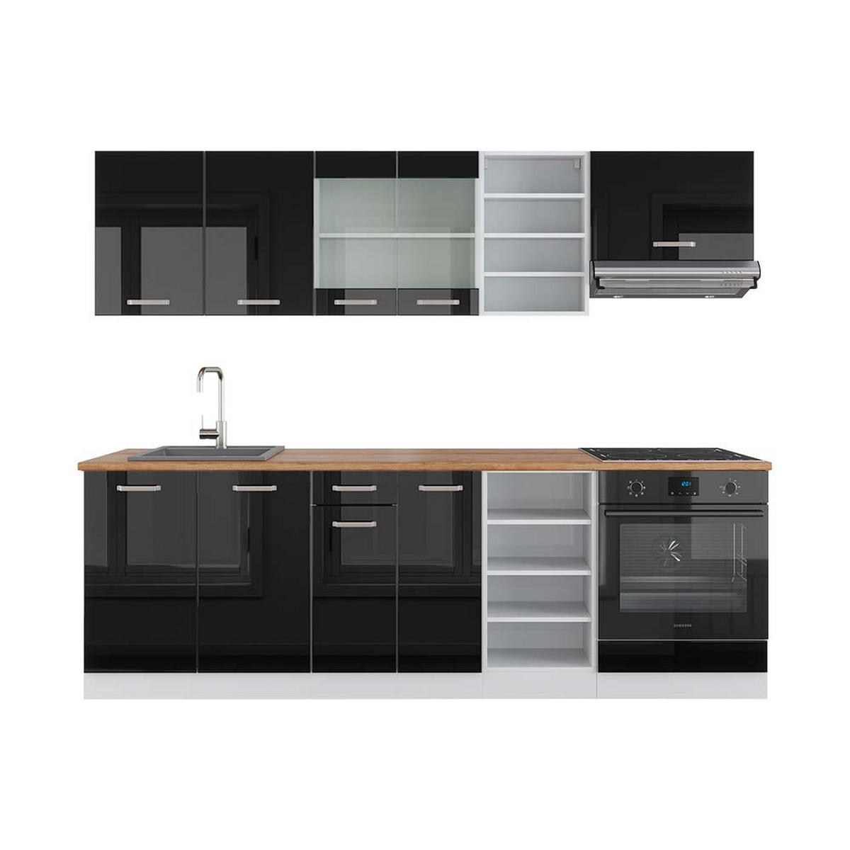 KÜCHENZEILE R-Line Schwarz Hochglanz/Weiß 240 cm, AP Eiche - Schwarz Hochglanz/Weiß, Holzwerkstoff (240/81.6/60cm) - Vicco