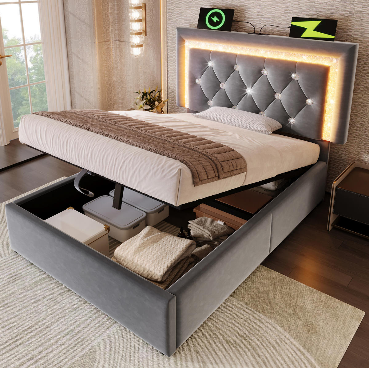 POLSTERBETT 90/200 cm Grau aus Samt mit LED-Beleuchtung und Stauraum - Grau, Textil (90/200cm) - Flora Grace