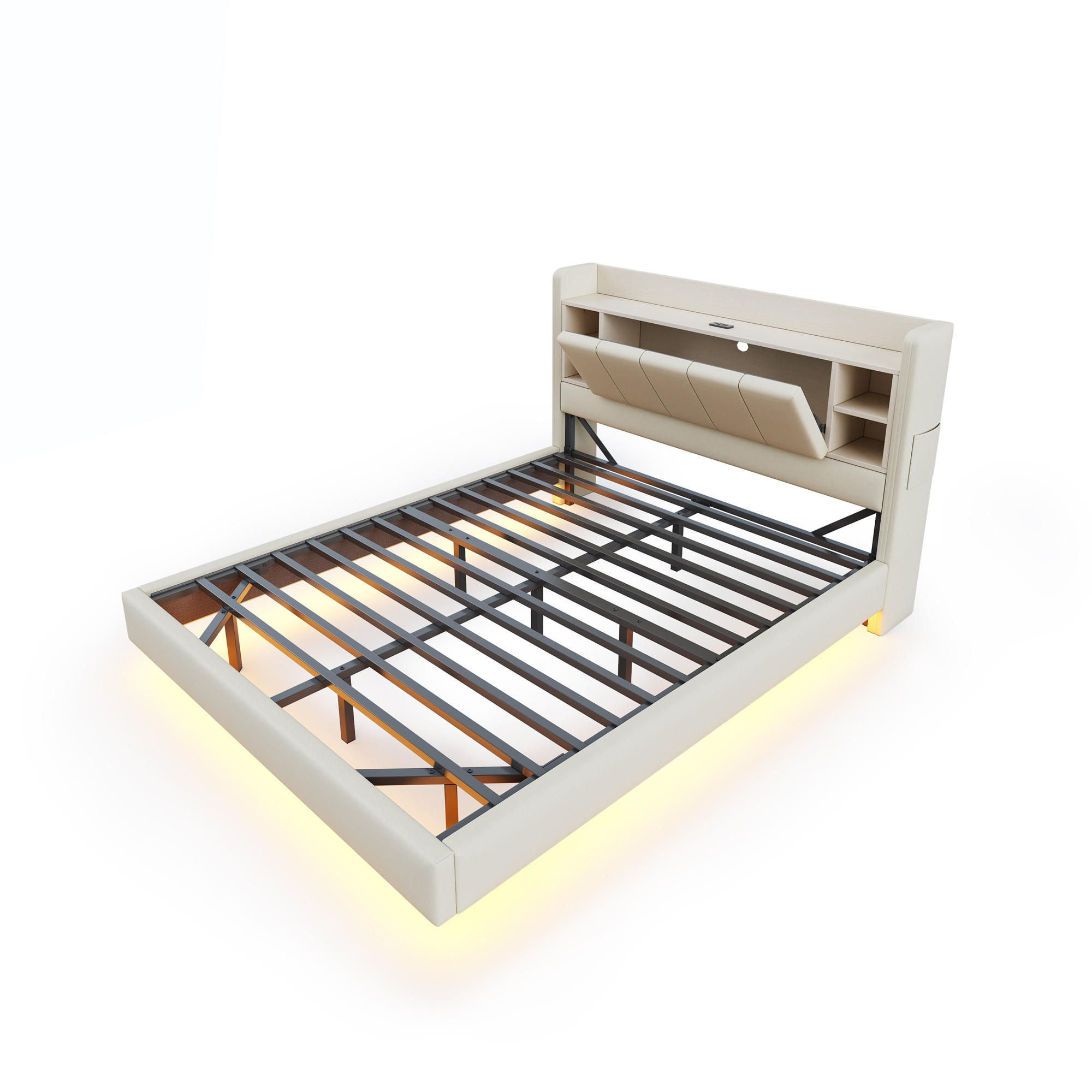 POLSTERBETT 140/200 cm DE-01953, in Beige, mit LED, USB und wendbarem Kopfteil - Beige, Metall (140/200cm) - ComfortXL