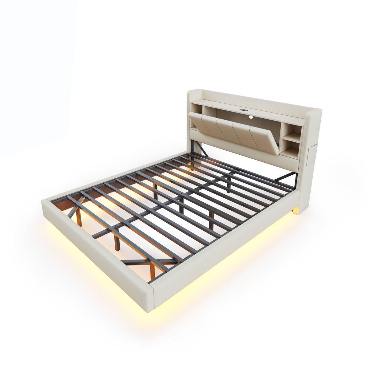 POLSTERBETT 140/200 cm Beige mit USB-Anschluss und LED-Beleuchtung, Wendbares Kopfteil mit Ablagefächern - Beige, Textil (140/200cm) - OKWISH