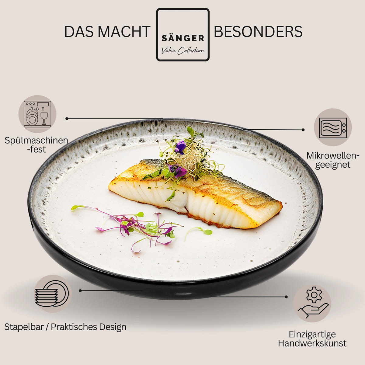 SPEISETELLER SET SANSIBAR- 6 teilig aus Steingut - Schwarz, Keramik (17cm) - Sänger