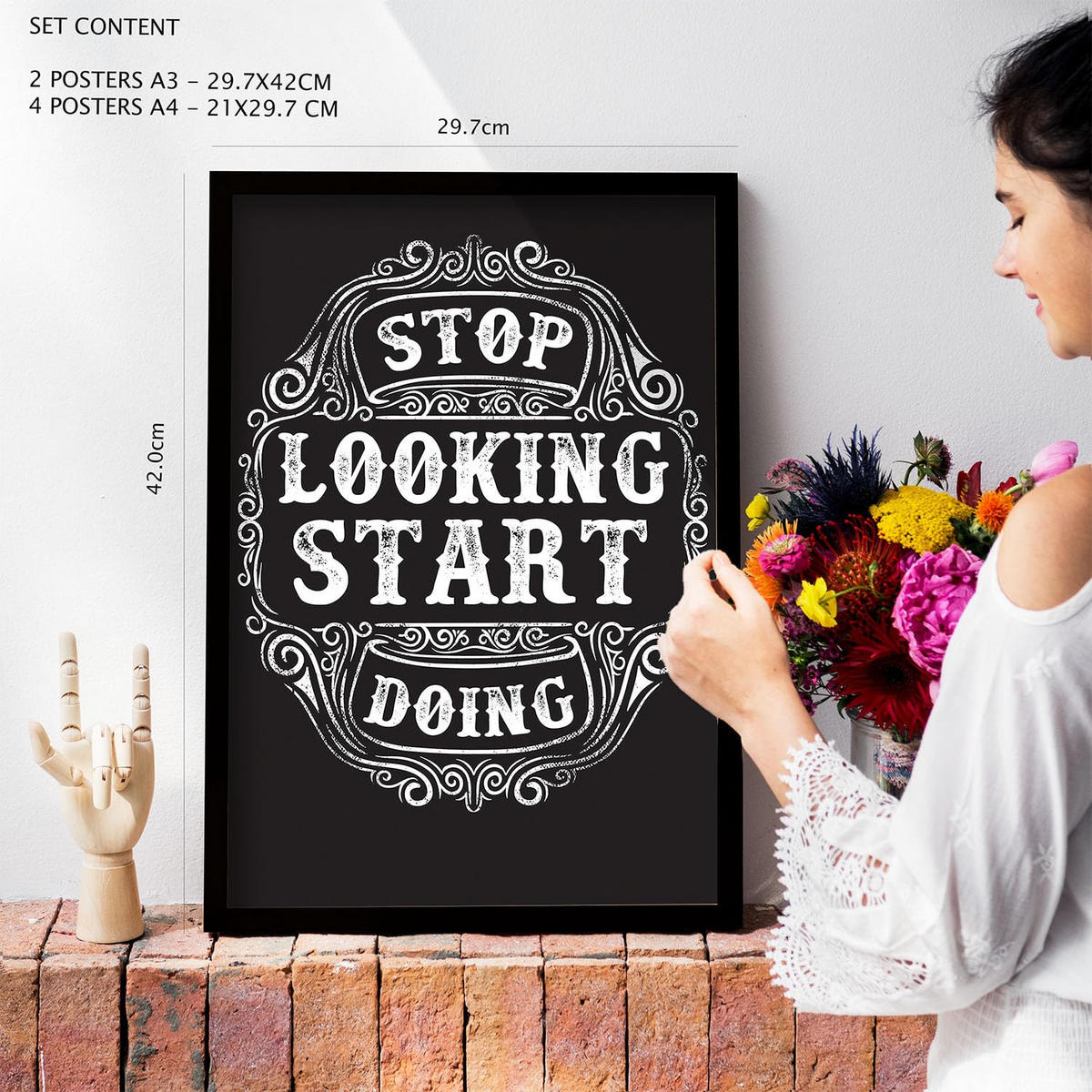 POSTER Set Mit 6 Motivierend In Rustikale Zitate A3 & A4 Schwarzer Rahmen - Schwarz, Papier (29/3cm) - Nacnic