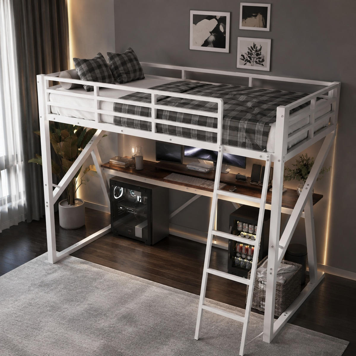 HOCHBETT 90/200 mit LED, Schreibtisch und Treppe in Weiß - Weiß, Holzwerkstoff/Metall (90/200cm) - EVRYAE