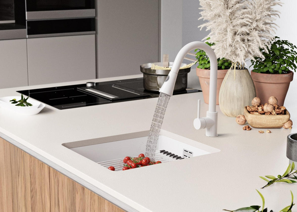 UNTERBAUSPÜLE GRANIT Praga, 2-er set Weiß 41/47 cm 1 Becken + Ablauf-Set + Aufrollbare Abtropffläche ab 45er Unterschrank - Chromfarben/Weiß, Kunststoff (41/20/47cm) - Primagran