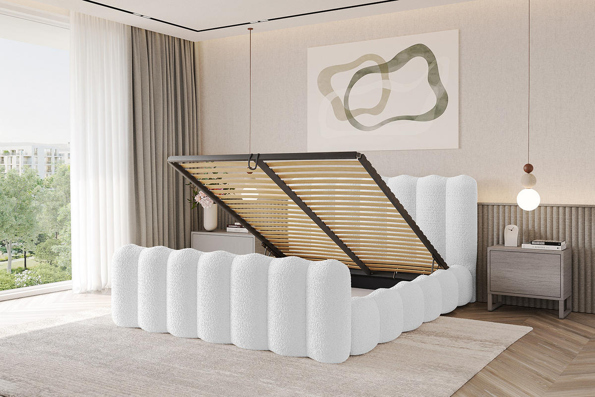POLSTERBETT mit Bettkasten, Fußteil und Lattenrost, Bett mit Matratze H3/H4 - SORA-Z 180x200 Weiß - Weiß, Holzwerkstoff/Textil (180/200cm) - ALTDECOR