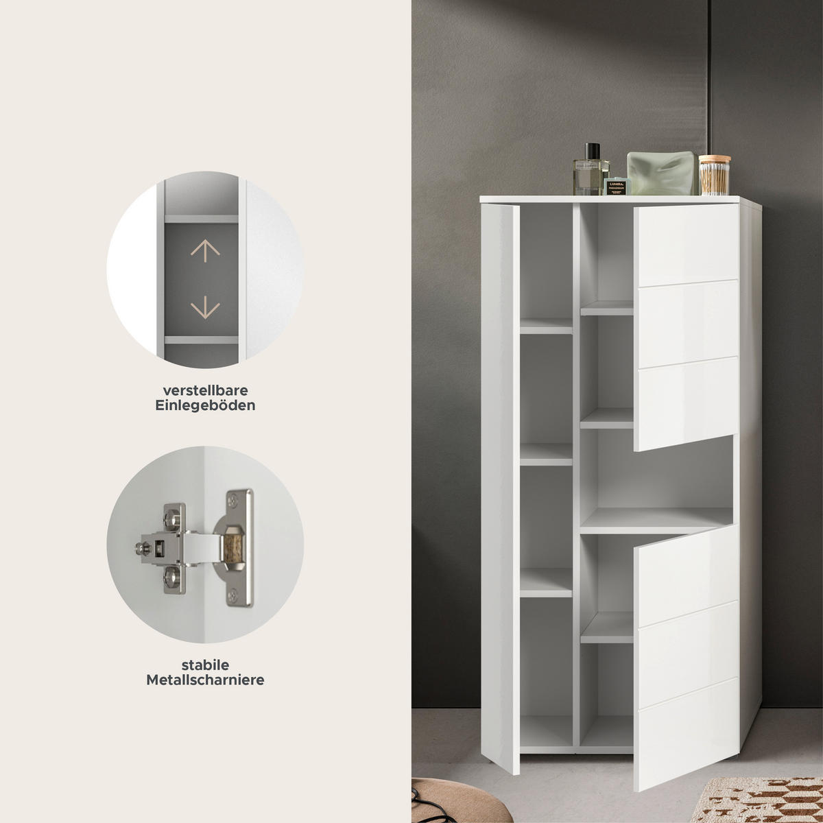 STANDSCHRANK VIRA (B/H/T: ca. 60/133/34 cm) in weiß/weiß hochglanz - Weiß, Holzwerkstoff (60/133/34cm)