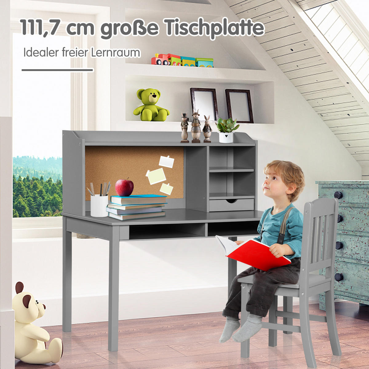 KINDERSCHREIBTISCH mit Hängeplatte grau(2-tlg) - Grau, Holzwerkstoff (111.5/110.7/60.5cm) - COSTWAY