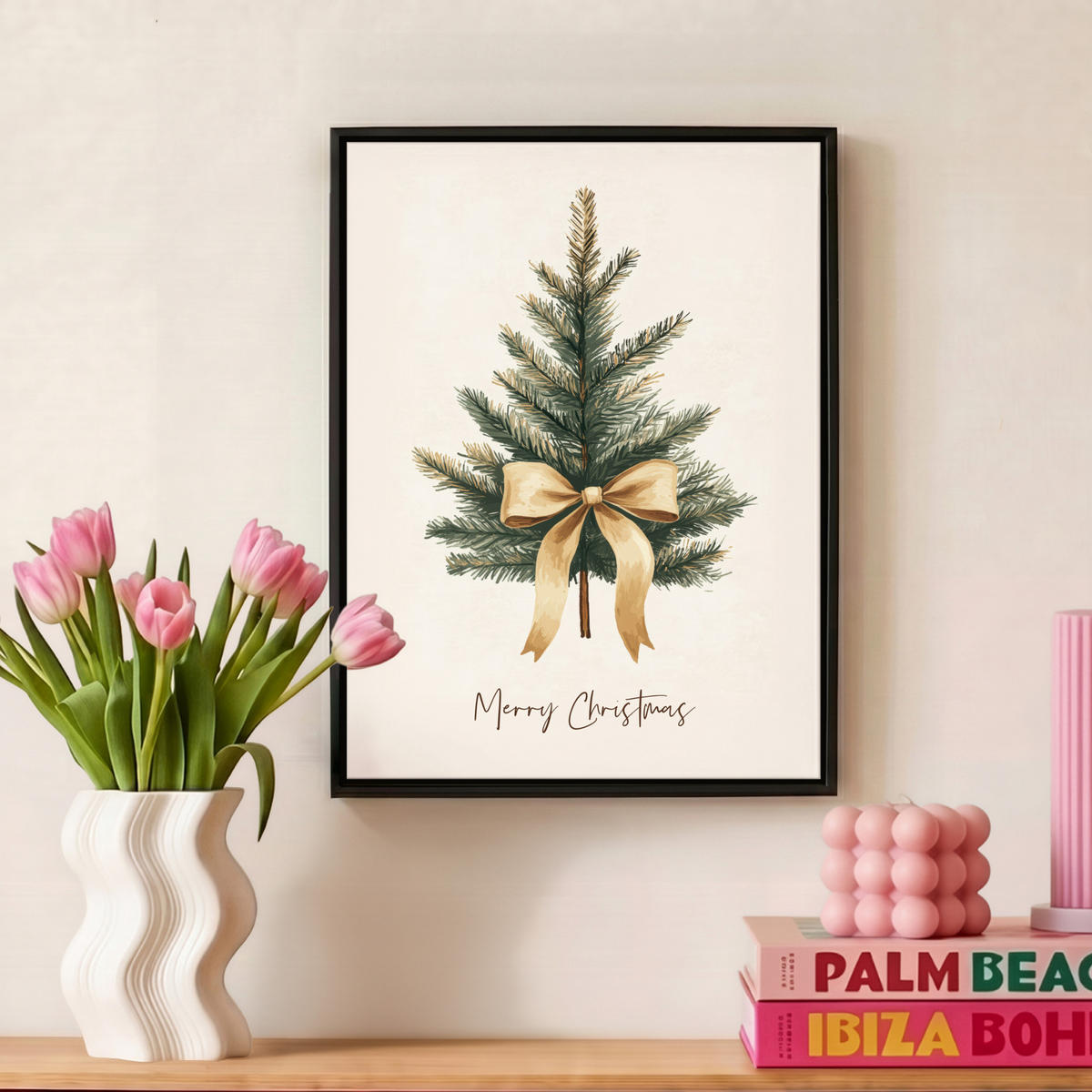 LEINWAND Bilder mit Rahmen - Weihnachtsbaum - Weihnachten - Frohe Weihnachten - Beige - 30x40 - Sandfarben, Textil (30/40cm) - MuchoWow