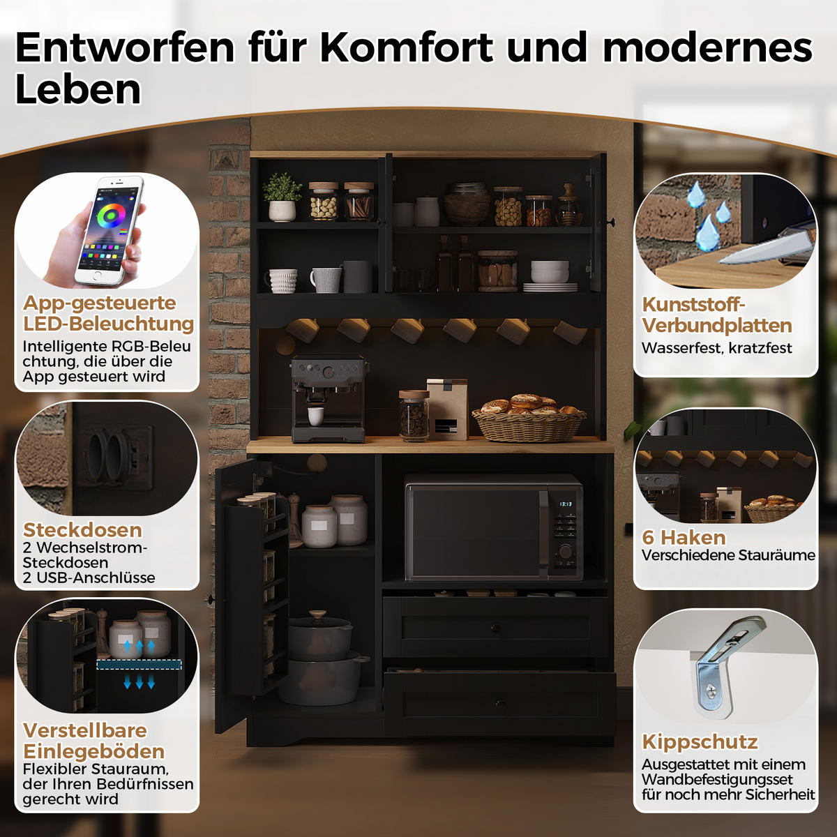 BUFFET DE-38741 100/40/163 cm LED-Beleuchtung und Mikrowellenfach Schwarz - Schwarz, Holzwerkstoff (100/163/40cm) - ComfortXL