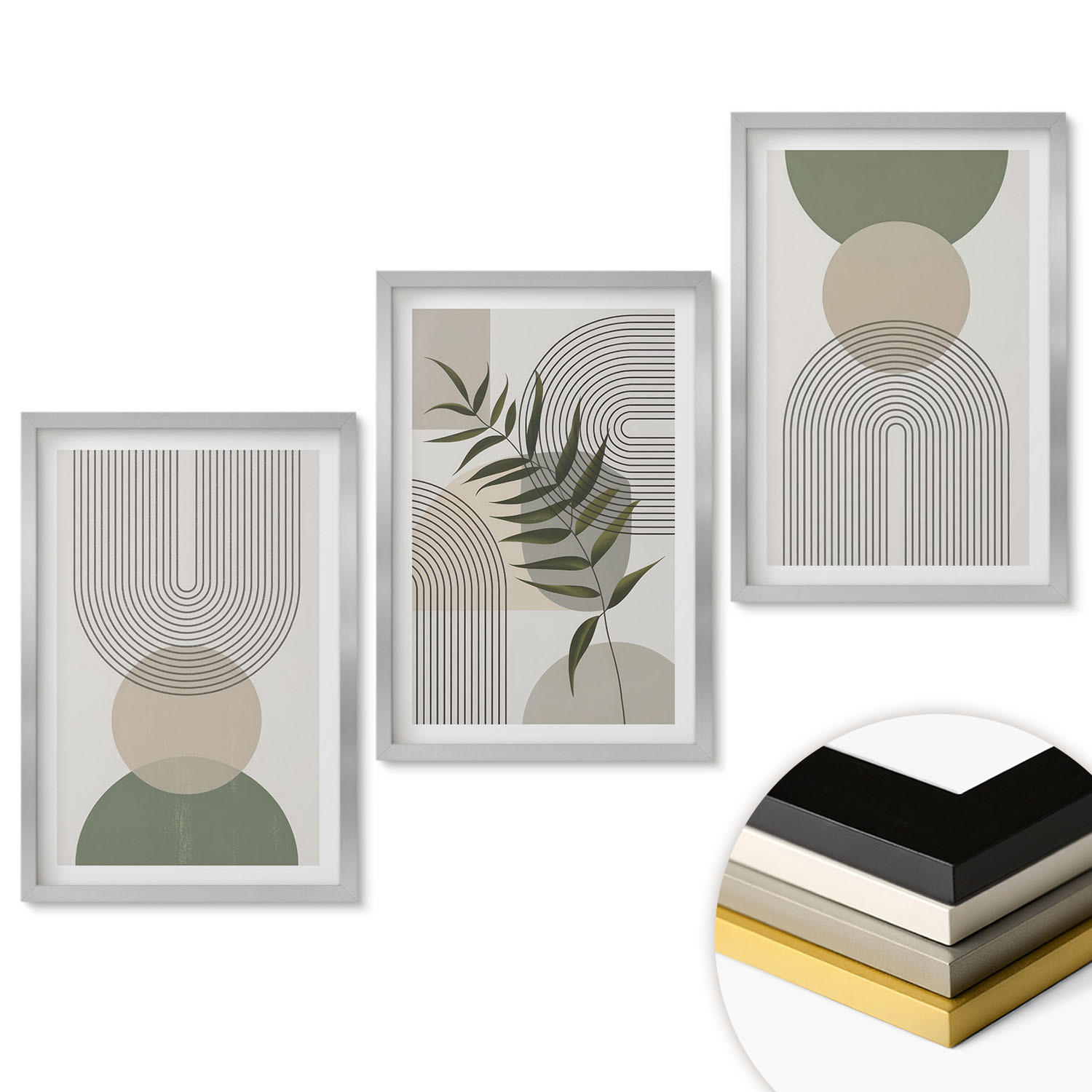 WANDBILDER 3er Set - 40x60 cm Silberner Rahmen - Abstrakte Formen mit Grün - Silberfarben, Kunststoff (40/60cm) - ArtPrintCave