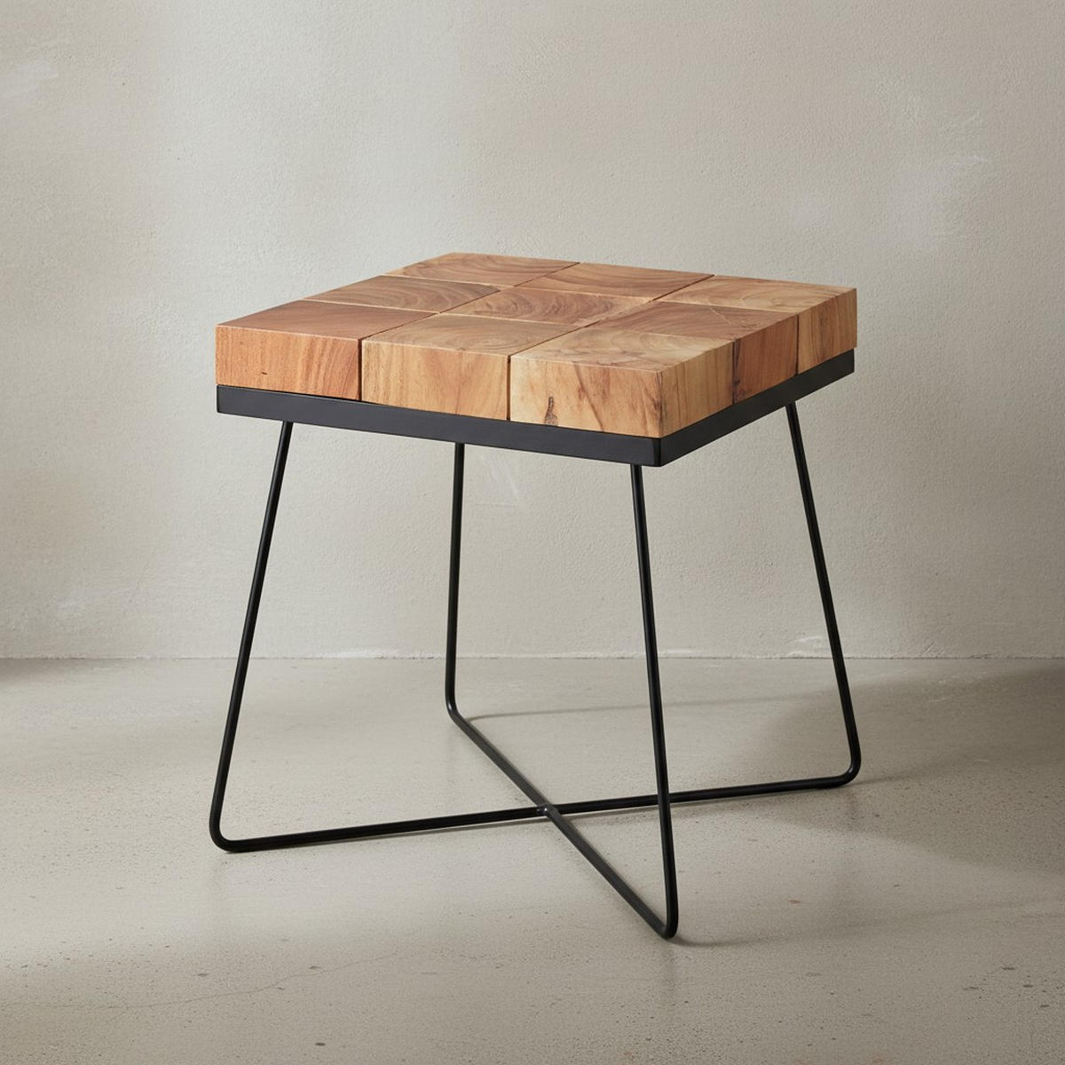 BEISTELLTISCH – Quadratisch Akazie Massivholz Metallgestell Industrial - Beige/Schwarz, Holz/Metall (45/45/51cm) - KADIMA DESIGN