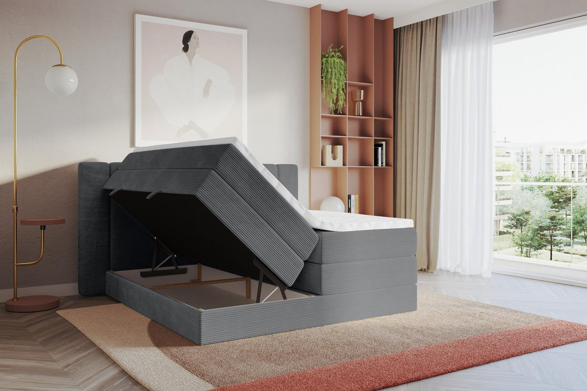 BOXSPRINGBETT mit Matratze H3/H4 - EVON KING - 140x200 cm Dunkelgrau - Graphitfarben, Holzwerkstoff (140/200cm) - ALTDECOR