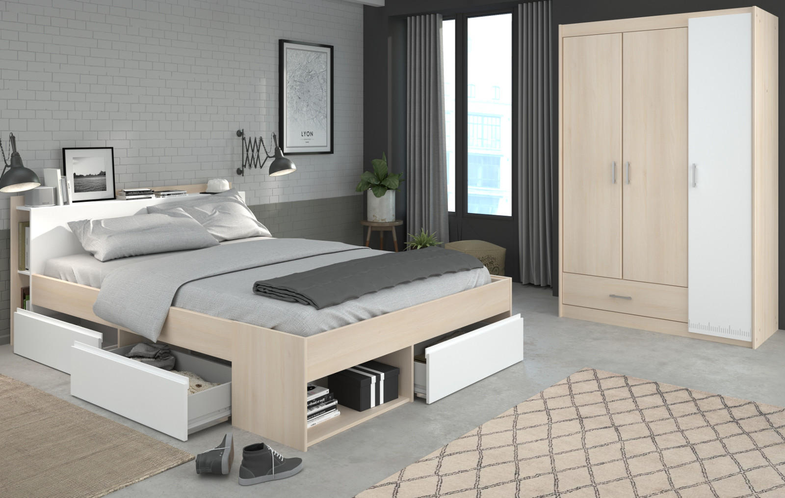 JUGENDZIMMER Set Kleiderschrank Kommode Schreibtisch Bett 140 cm - Silberfarben/Weiß, Holz/Holzwerkstoff (140/179/200cm) - Parisot Meuble