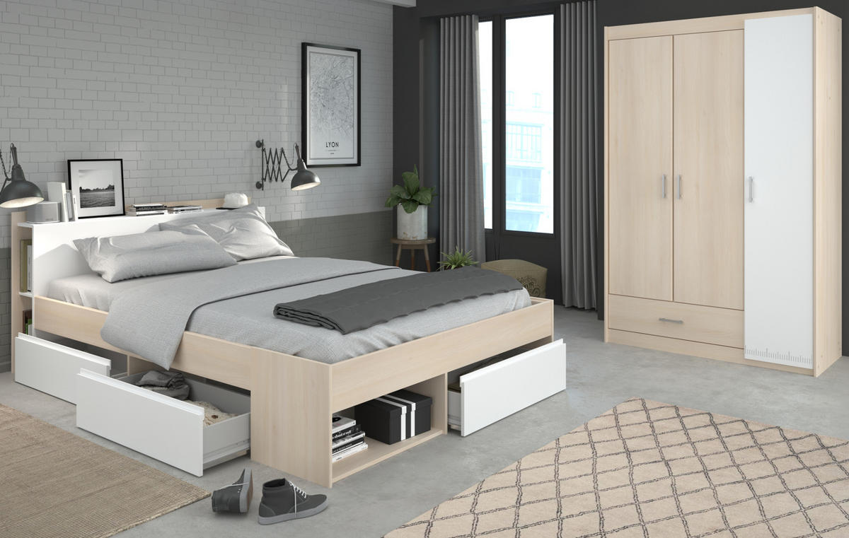 BETT mit Regal und 3 x Schubkasten Stauraumbett 140 x 200 cm - Eichefarben/Weiß, Holz/Holzwerkstoff (140/200cm) - Parisot Meuble