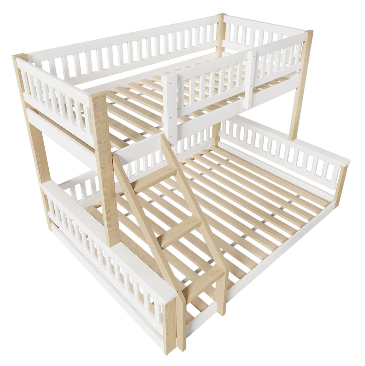 ETAGENBETT 90/200 cm + 140/200 cm mit Leiter, Bettgitter und Massivholzrahmen, Weiß/Natur - Weiß, Holz (90/200cm) - Redom