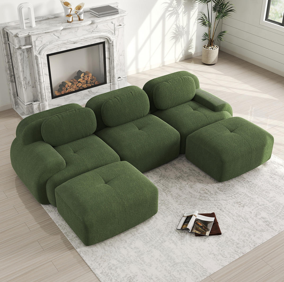 ECKSOFA 298/178/75 cm grün aus Cordstoff rahmenlos mit 32D-Hochdichteschaum und modularer Form - Grün, Textil (178/298cm) - OKWISH