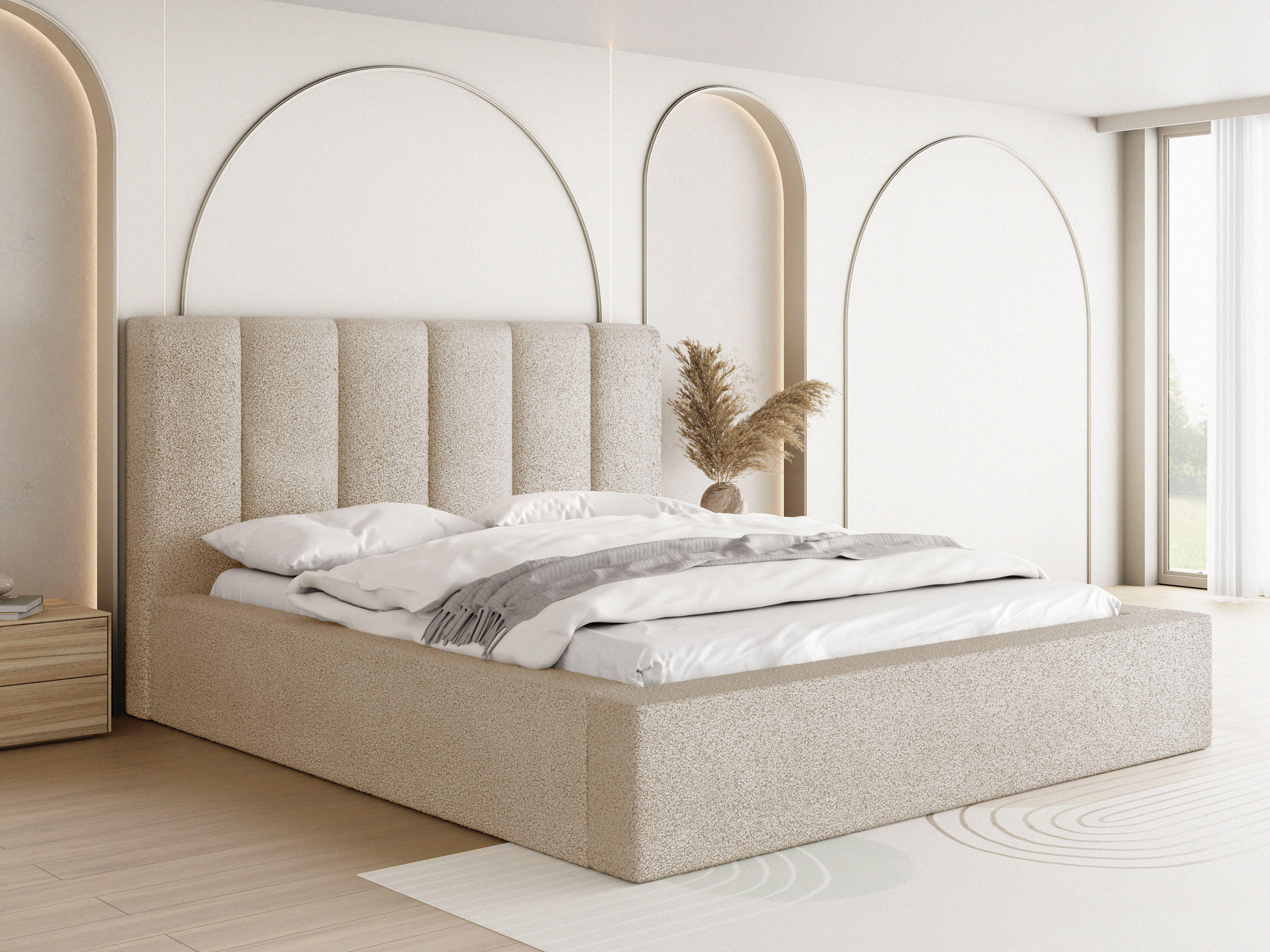 POLSTERBETT Amira mit Bettkasten, Beige Boucle 120x200 cm - Beige/Birkefarben, Holz/Holzwerkstoff (120/200cm) - WFL GROUP