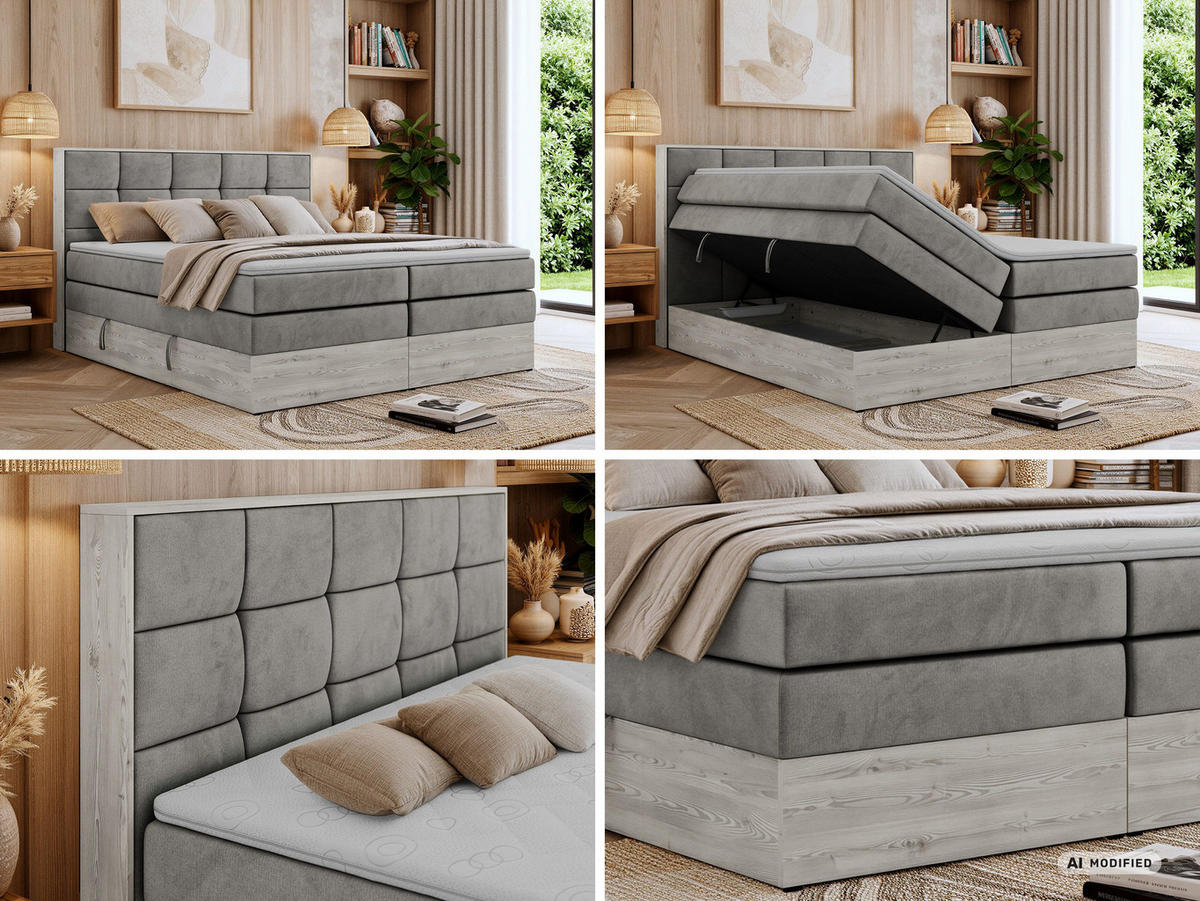 BOXSPRINGBETT ALNOR KING 160/200 - Hellgrau Velvet - Topper T25 - H4 - Hellgrau/Schwarz, Kunststoff/Textil (160/200cm) - MKS