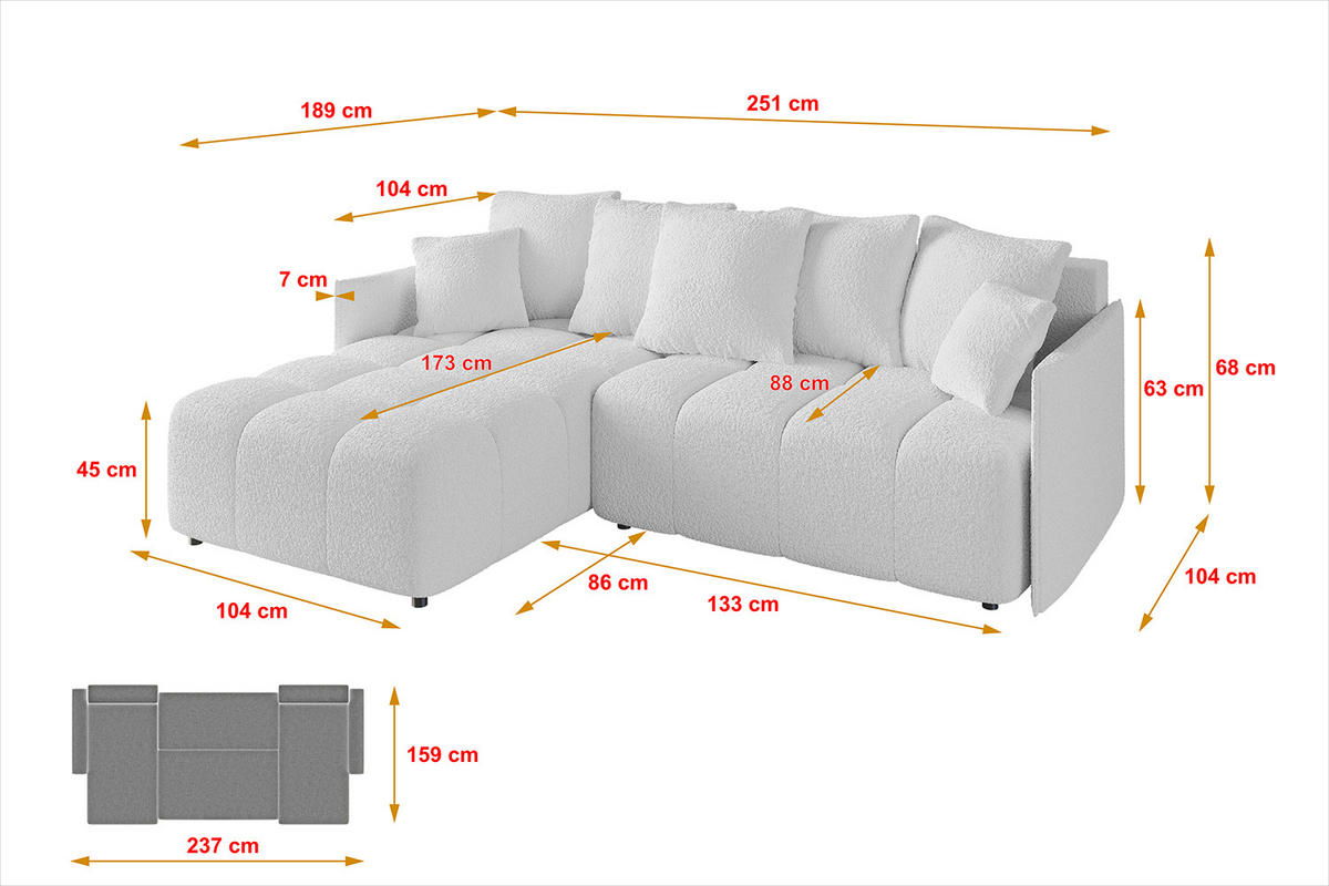ECKSOFA Ottomane links LONLI-L 251x189x68 Weiß Bouclé - Weiß, Holzwerkstoff/Kunststoff (251/189cm) - ALTDECOR