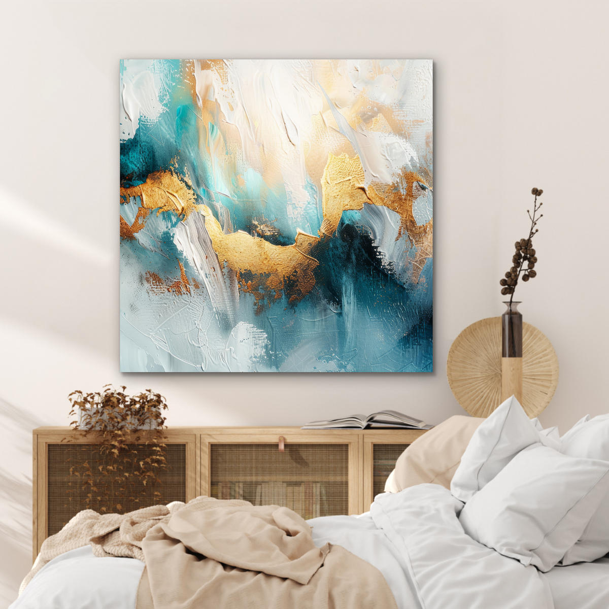 KOVOVÝ OBRAZ Abstraktné - umenie - zlaté - modré 90x90 cm - petrolejová, kov (90/90cm) - MuchoWow