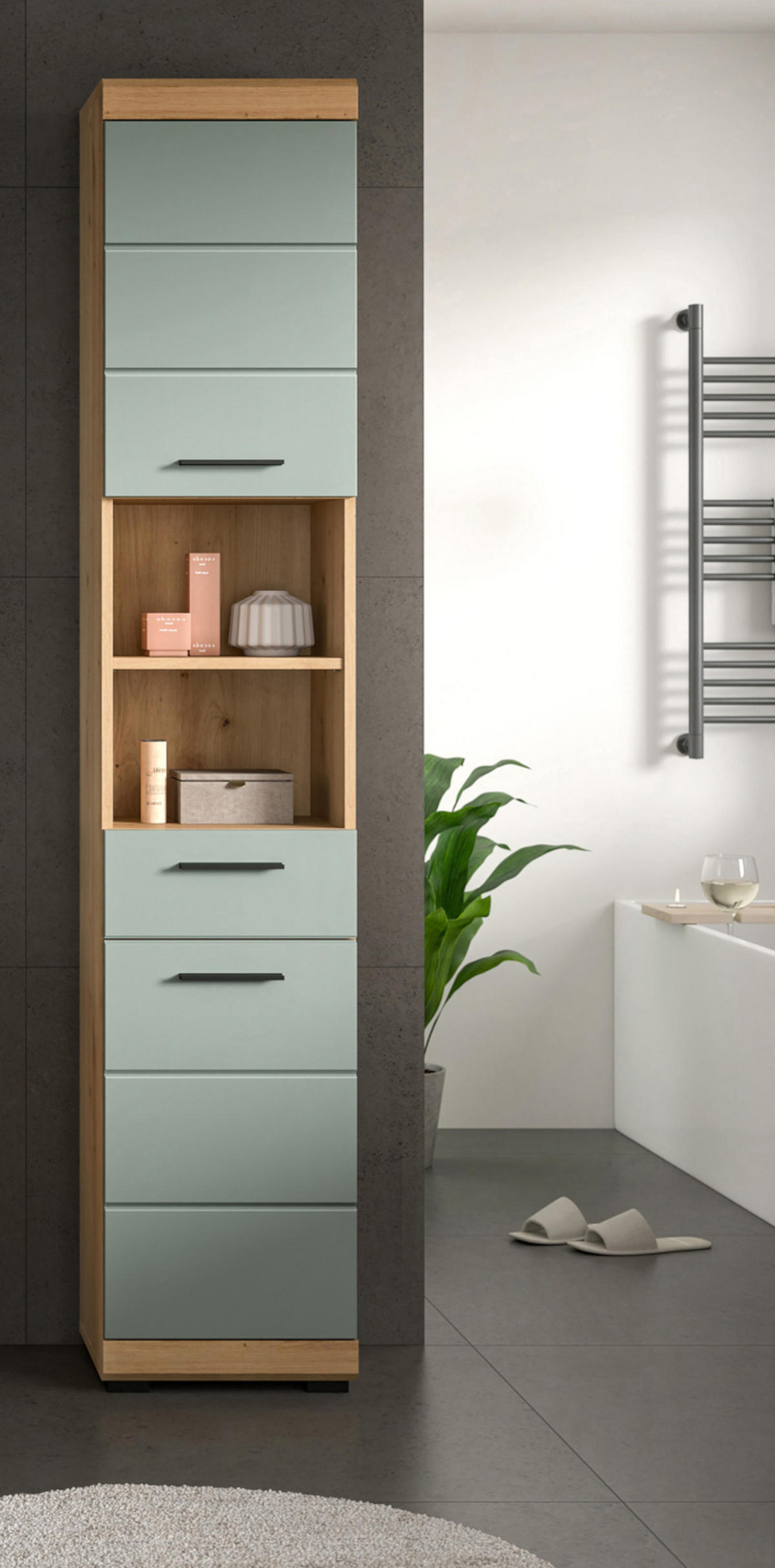 HOCHSCHRANK Salbei grün, Eiche Artisan 37 cm, Badschrank mit 6 Fächern - Salbeigrün/Schwarz, Holzwerkstoff/Kunststoff (37/191/31cm) - Inn.Furn