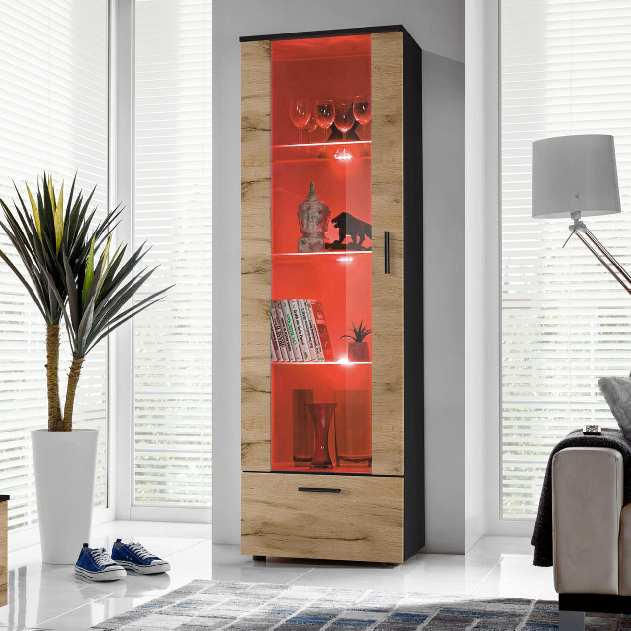 VITRINE ALESSANDRIA, Wotan, LED Mehrfarbige - Eiche Wotan/Schwarz, Glas/Holzwerkstoff (60/192/42cm) - Komodee