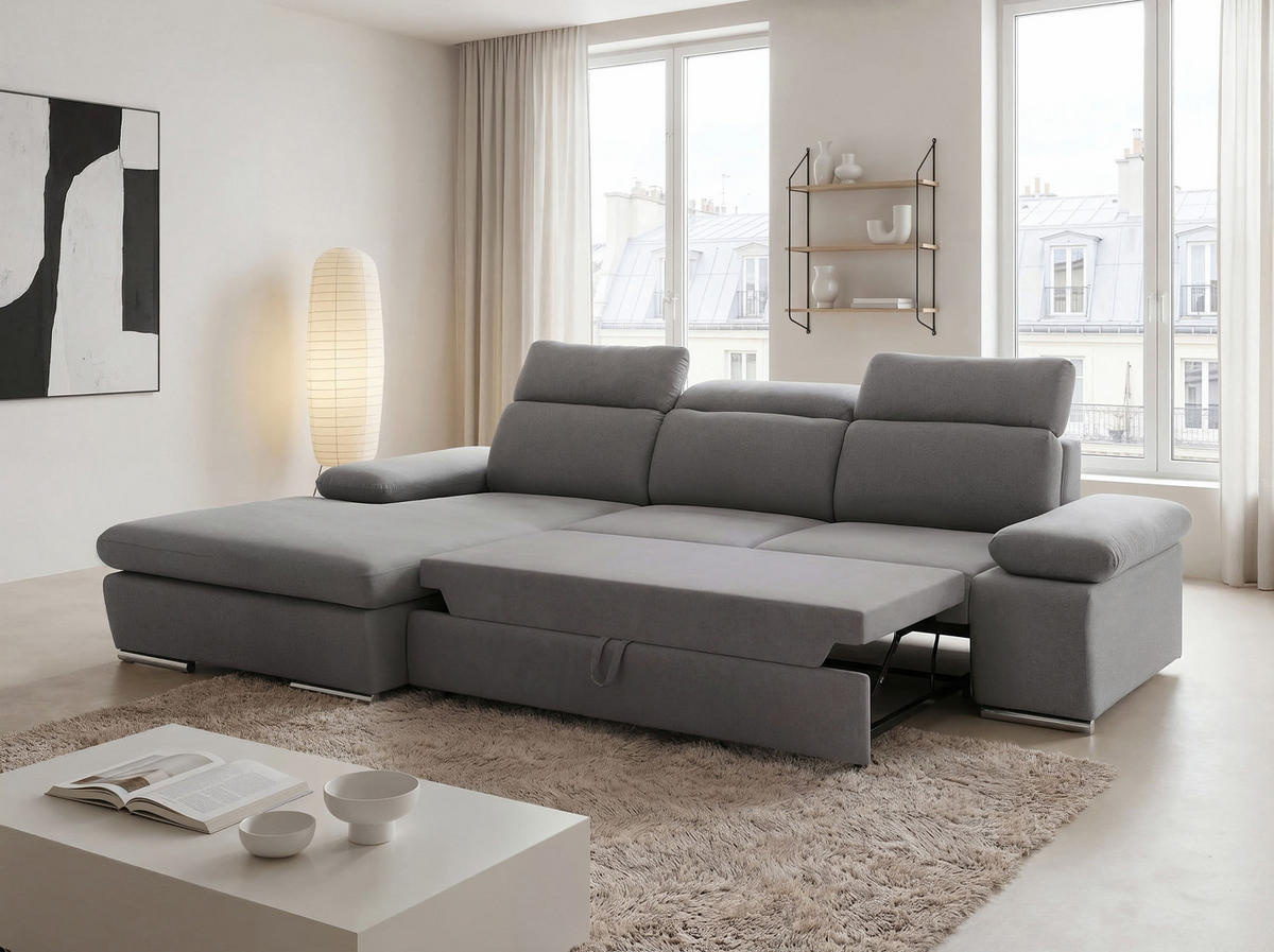 ECKSOFA PABLO mit Schlaffunktion und Bettkasten Grau - Grau, Holzwerkstoff/Kunststoff (250/90cm) - Idohome