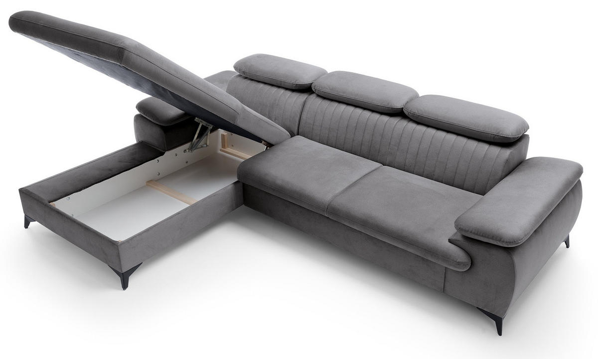 ECKSOFA 280 cm Xanto M, Schlaffunktion, verstellbaren Kopfstützen, Links, Dunkelgrau - Dunkelgrau, Holz (280/193cm) - Emporius