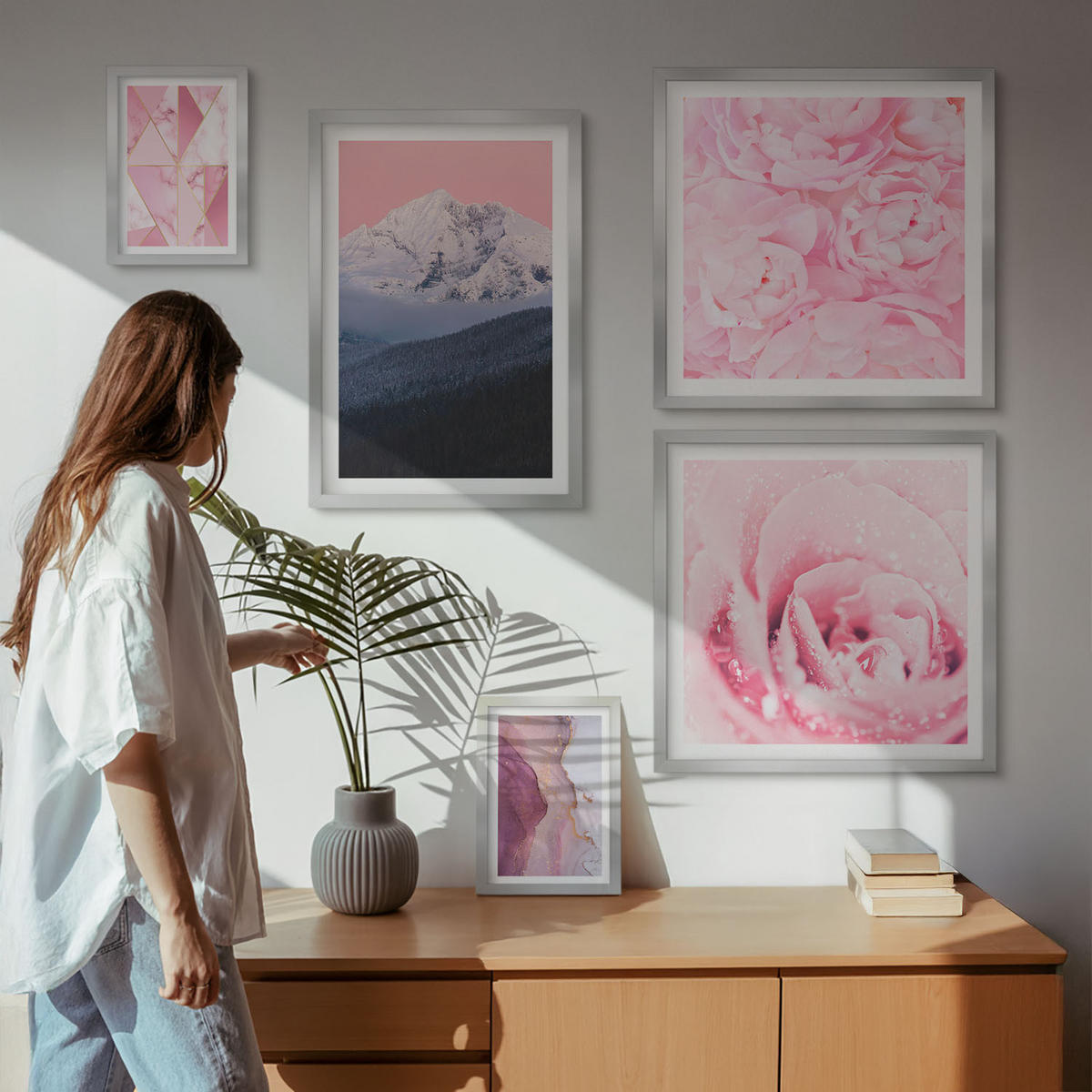 BILDER SET 5er Set - 50x50 cm & 20x30 cm & 40x60 cm Silberner Rahmen - Abstraktionen dekorativer Malerei - Silberfarben, Kunststoff (40/60cm) - TULUP