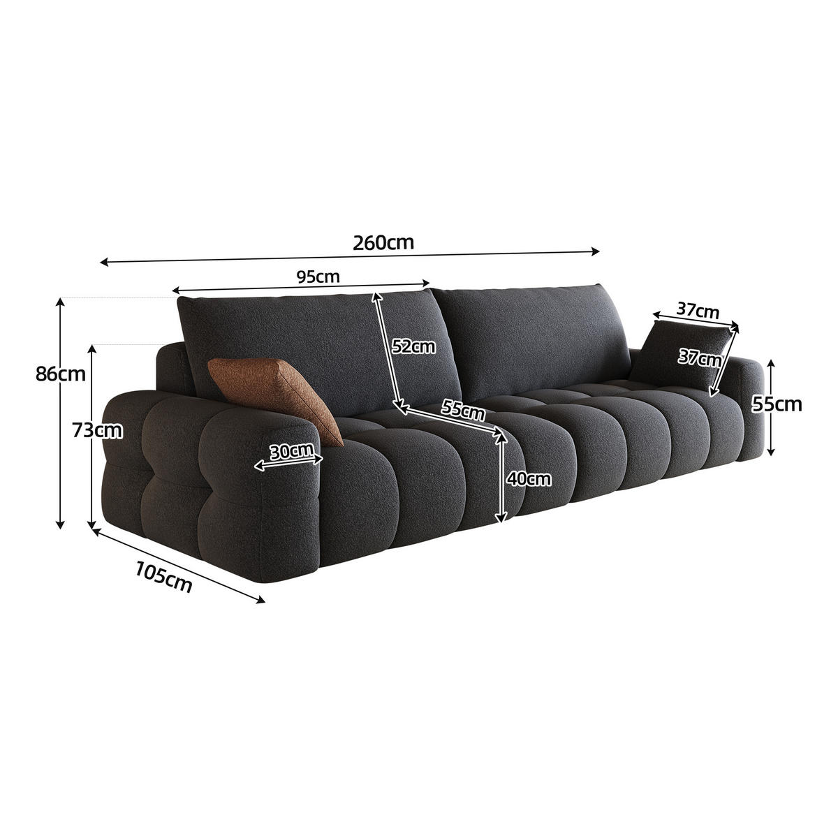 2-SITZER-SOFA DE-34889 260 cm tiefer Sitz Grau - Dunkelgrau, Textil (105/86/260cm) - ComfortXL
