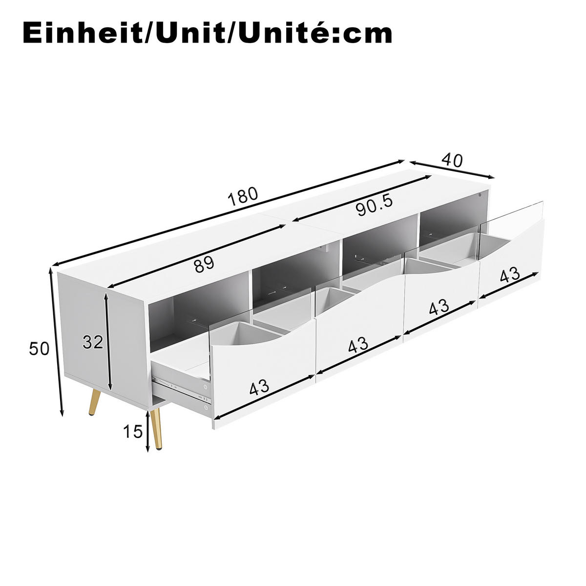 TV-SCHRANK 180/40/50 cm weiß MDF mit LED-Beleuchtung, Glasfront und goldenen Metallfüßen - Weiß, Holzwerkstoff (180/50/40cm) - OKWISH