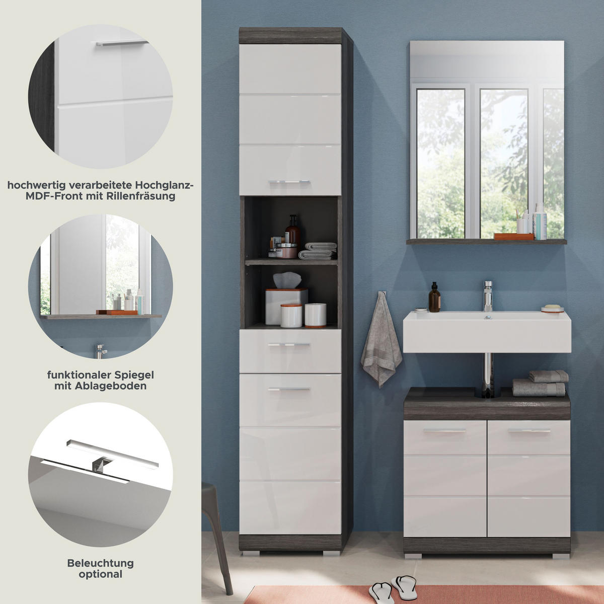 BADKOMBINATION 3tlg. Scout Bad in Rauchsilber Nachbildung und weiß hochglanz B/H/T: 112x191x34 cm - Anthrazit, Holz (112/191/34cm)