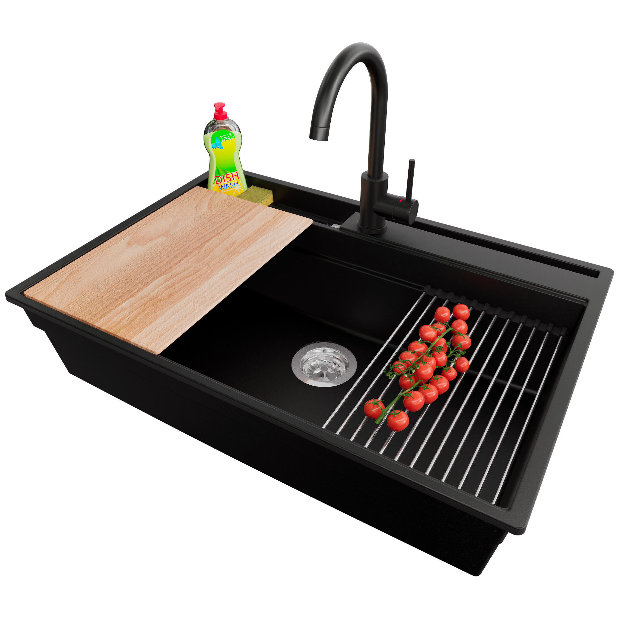 GRANITSPÜLE Oslo Pocket, 2-er set Schwarz 78/53 cm 1 Becken + Küchenarmatur 32/20 cm + Ablauf-Set + Küchenzubehörset ab 80er Unterschrank - Chromfarben/Beige, Kunststoff (78/20/53cm) - Primagran