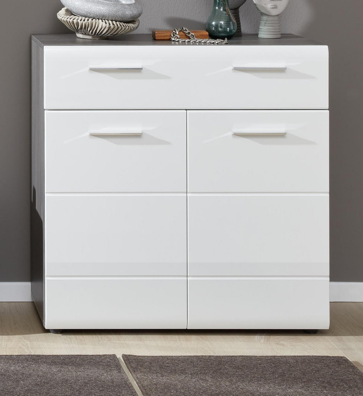 SCHUHKOMMODE Hochglanz weiß, Sardegna grau 80 x 87 cm, Flurkommode 2-türig - Weiß Hochglanz/Silberfarben, Holzwerkstoff/Kunststoff (80/87/35cm) - Top.Furn