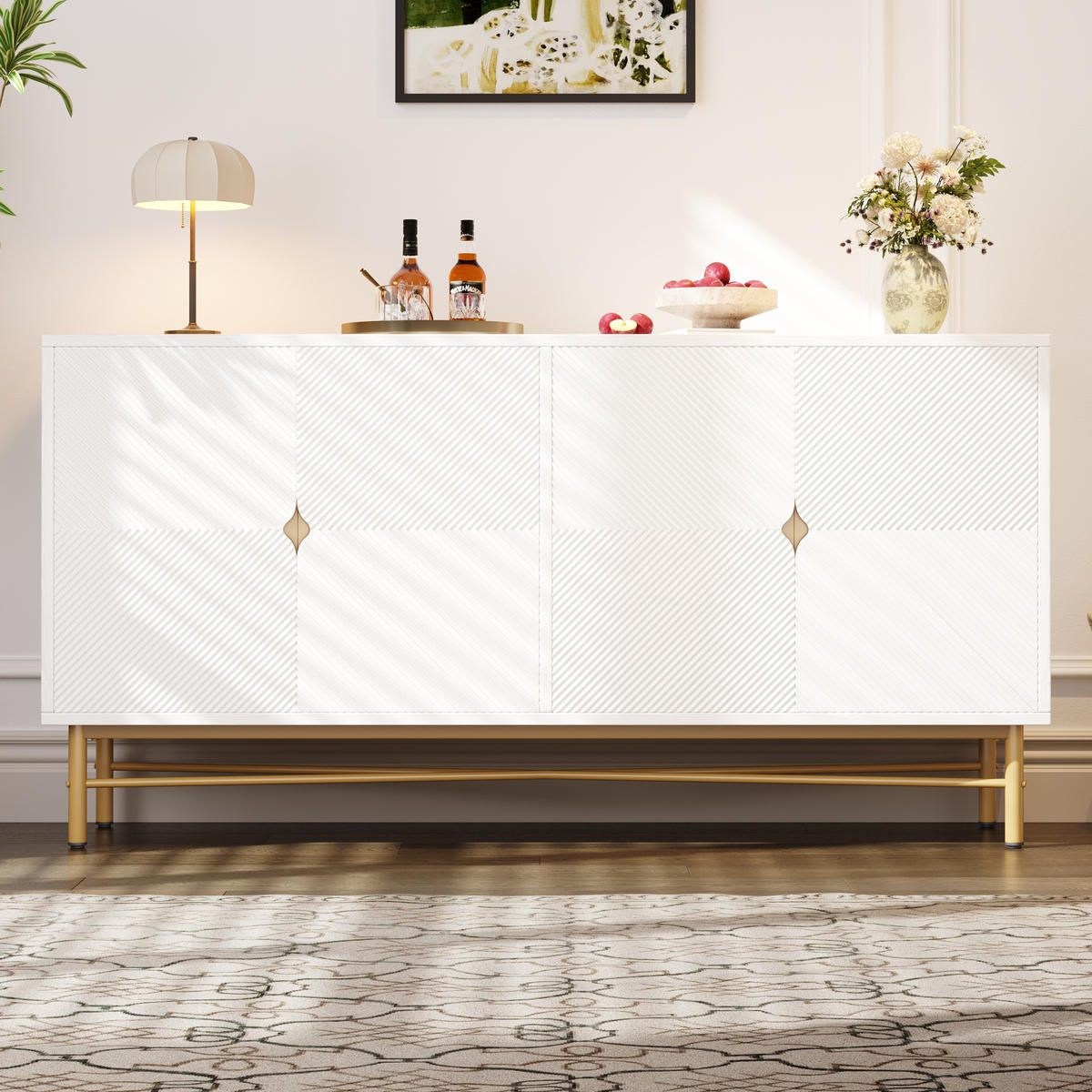 SIDEBOARD 160/40/82 cm mit 4 Türen in Weiß mit Strukturfronten & goldfarbenen Details - Weiß, Holzwerkstoff (160/82/40cm) - BEAOK