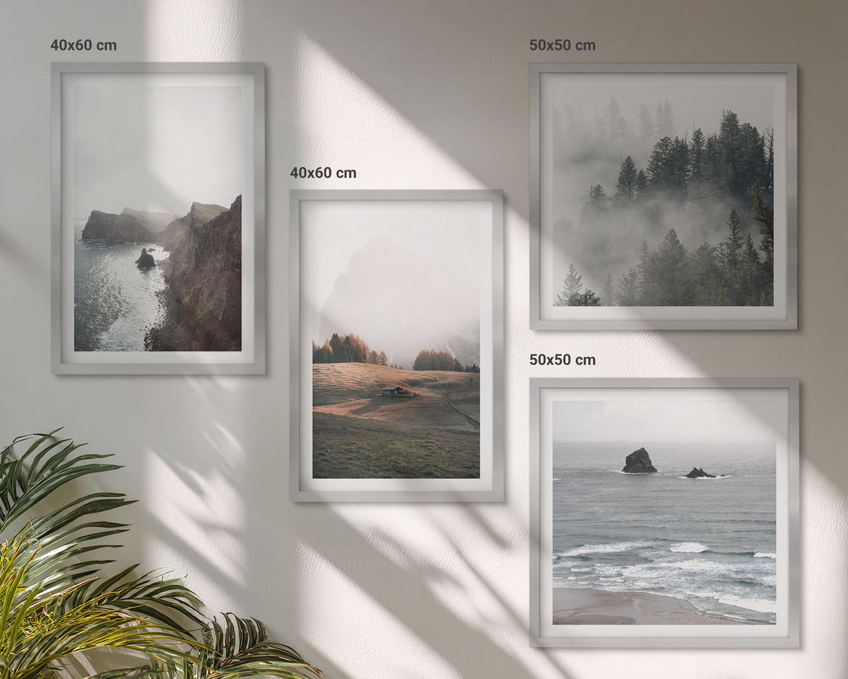 BILDER SET 4er Set - 50x50 cm & 40x60 cm Silberner Rahmen - Landschaften aus Bergen und Meer - Silberfarben, Kunststoff (50/50cm) - TULUP