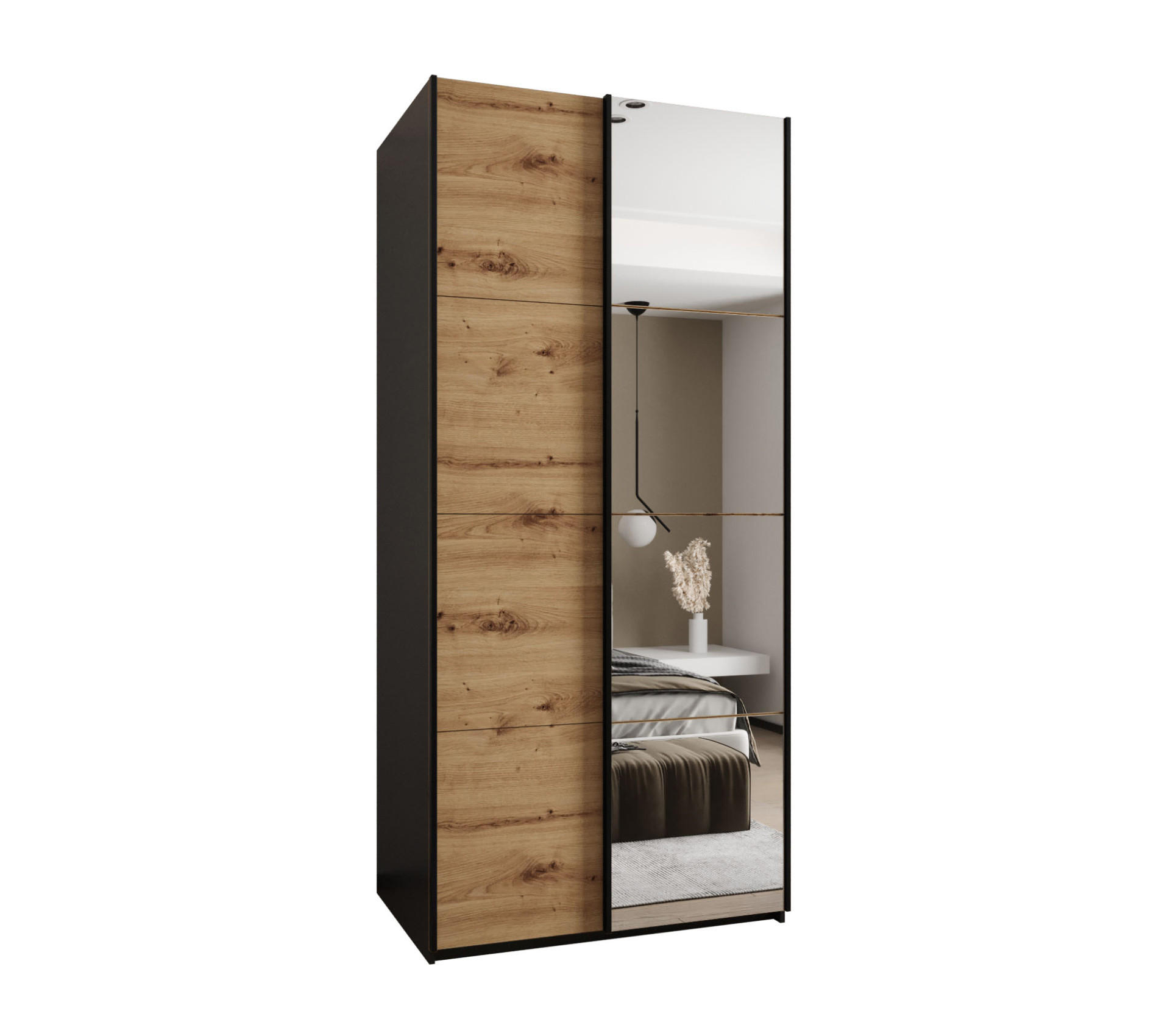 Abiks Möbel Schwebetürenschrank Schwarz, Eiche Artisan, Schwarz 100x245x64 cm