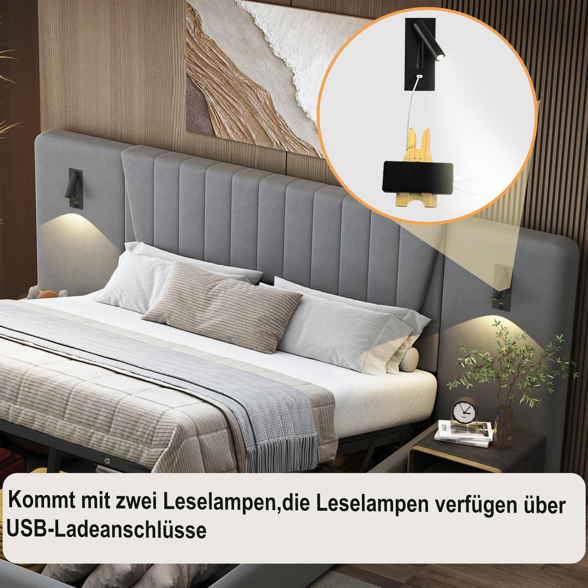 POLSTERBETT 180/200 cm in Grau Samt mit Bettkasten, Leselampen und USB - Grau, Holzwerkstoff/Textil (180/200cm) - WISHDOR