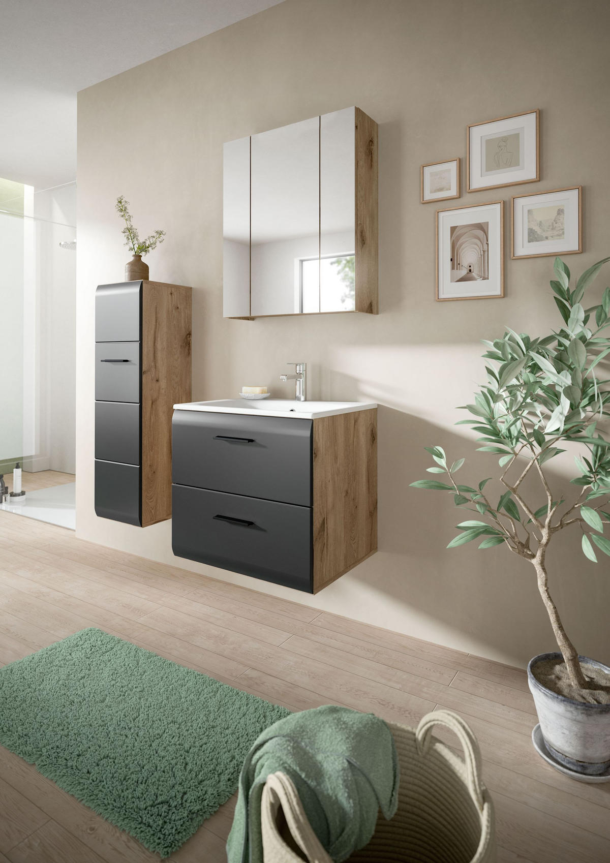 BADEZIMMER Alba 3-tlg. (B/H/T: ca. 60/185/46 cm) in Nox Oak /schwarz matt - Eichefarben, Holz (60/185/46cm)