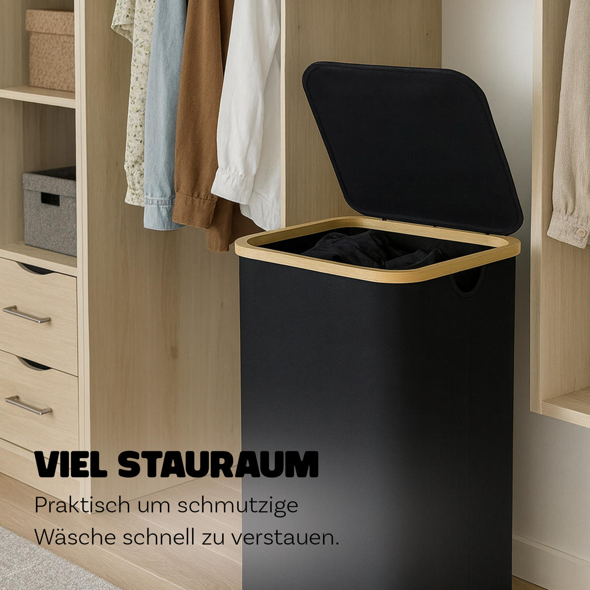 WÄSCHEKORB mit herausnehmbarer Tasche 41x37x71cm - Schwarz - Schwarz, Textil (41/71/34cm) - Bestlivings