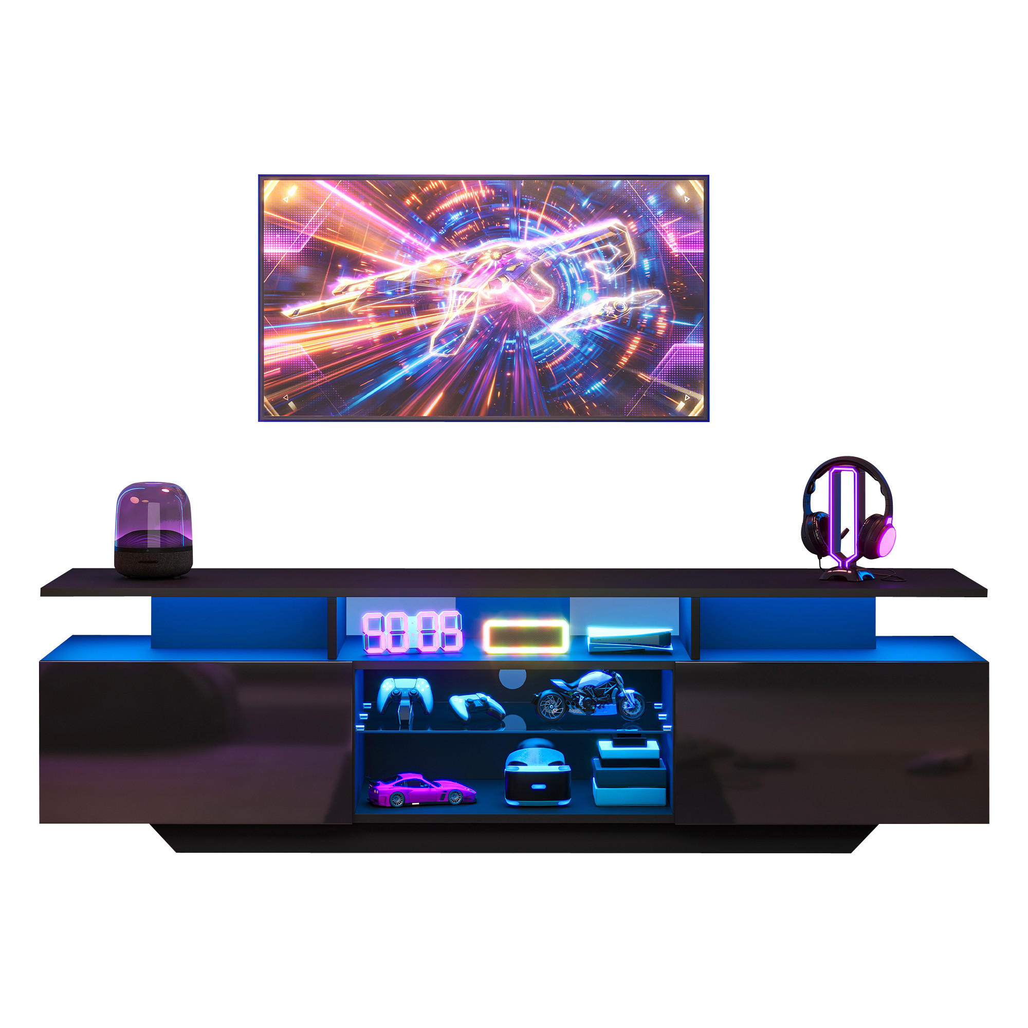 TV-SCHRANK schwarz aus MDF mit gehärtetem Glas und App-gesteuerter USB-LED 160 × 40 × 45 cm - Schwarz, Holzwerkstoff (160/45/40cm) - Luhomfu