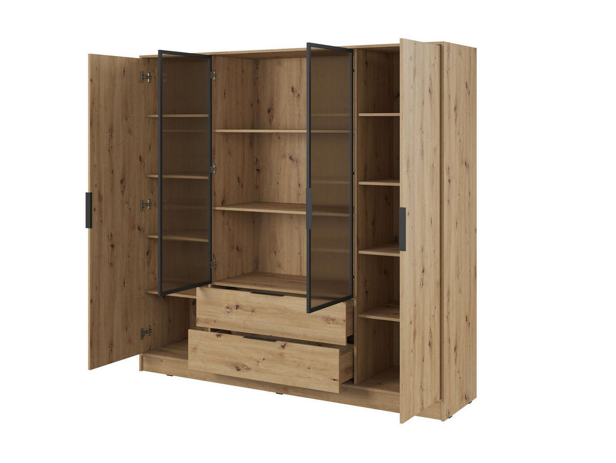 KLEIDERSCHRANK RICADI 4D RM (Artisan Eiche, Riffelglas, 4 Türen, 2 Schubladen, Kunststoffgriffe) - Schwarz/Eiche Artisan, Holz/Holzwerkstoff (206/200/51cm) - Ravio