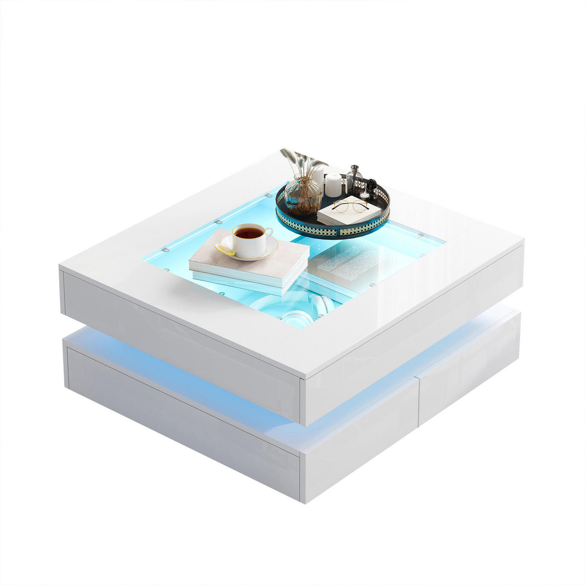 COUCHTISCH 70x70 cm Weiß Hochglanz mit Glasplatte & LED - Weiß, Holzwerkstoff (70/70/35cm) - Urban Meuble