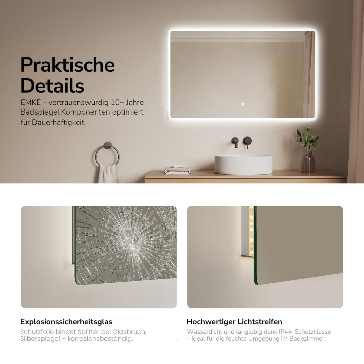 OGLINDA de baie cu LED-uri 100/60 cm - transparent, sticlă (100/60/3cm) - EMKE