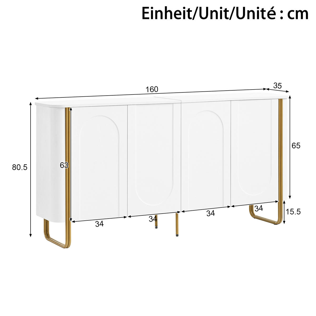 SIDEBOARD Weiß 160cm 4 Türen Bogenrelief Push-to-Open Goldene Eisenfüße - Weiß, Holzwerkstoff (160/80.5/35cm) - Urban Meuble